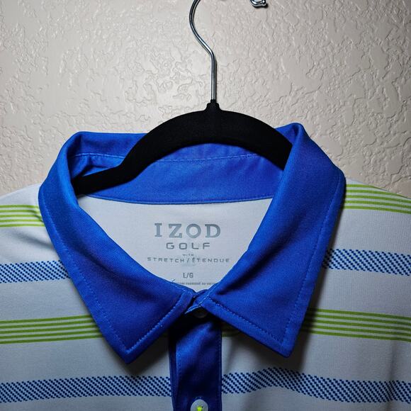 IZOD STRETCH GOLF GOLFING POLO SHIRT MENS LARGE WHITE GREEN BLUE EUC - Picture 3 of 12